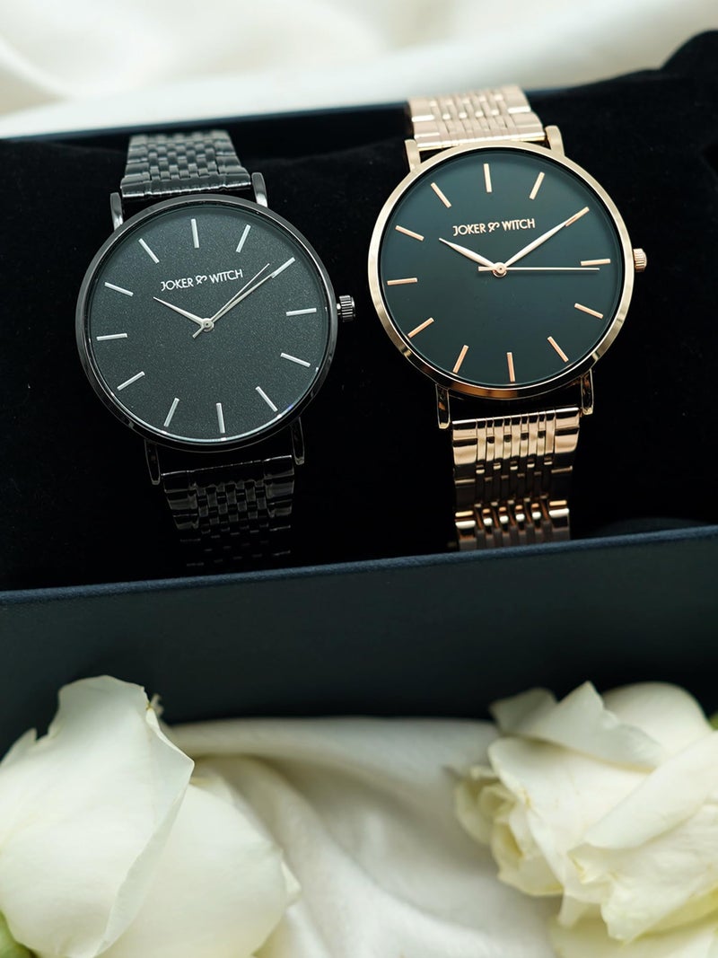 Joker & Witch Stainless Steel Joker And Witch Lu & Will Couple Analogue Watches, Black Dial, Rose Gold Band - Image 3