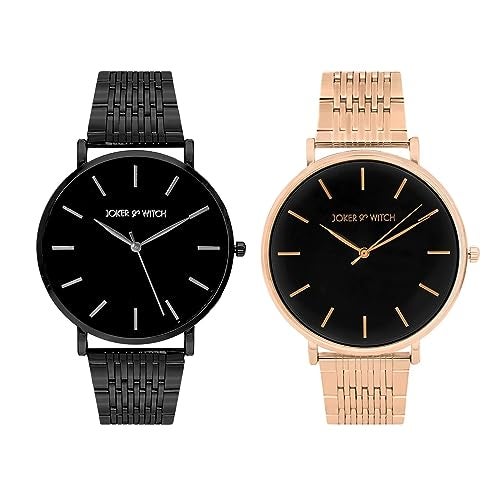 Joker & Witch Stainless Steel Joker And Witch Lu & Will Couple Analogue Watches, Black Dial, Rose Gold Band - Image 1