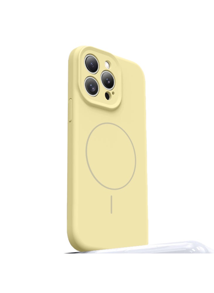 جراب لهاتف iPhone 15 Pro Max متوافق مع غطاء MagSafe Soft Skin-Touch Liquid Silicone+PC للهاتف - أصفر فاتح - Image 1