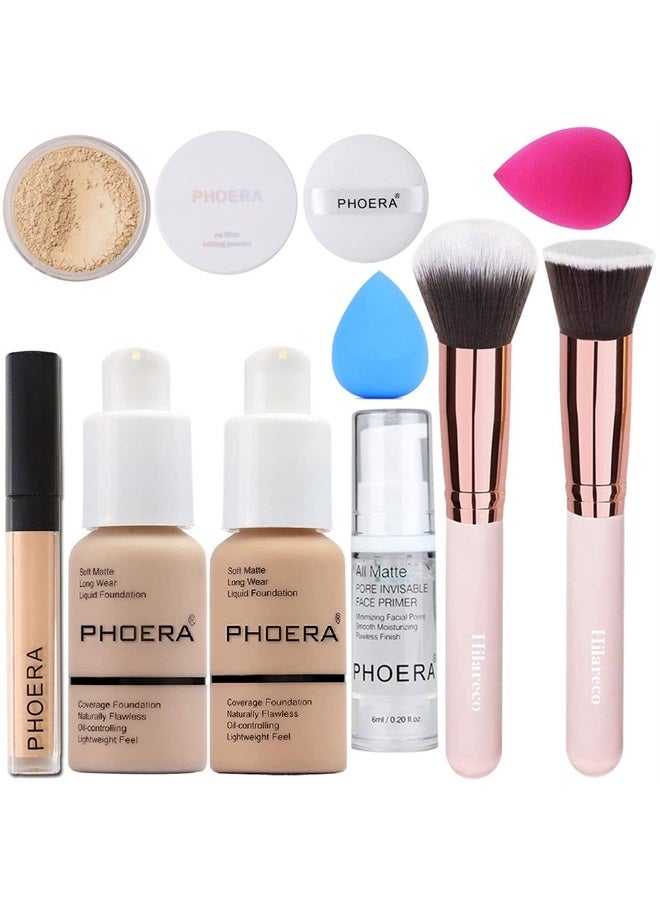 Hilareco PHOERA Foundation,Full Coverage Foundation,PHOERA Primer,PHOERA Powder,PHOERA Concealer PHOERA Makeup Set, Kabuki Makeup Brushes Foundation Brush Powder Brush,2 Makeup Sponge (2 PCS #103 Warm peach) - Image 1