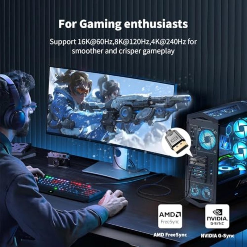 16K DisplayPort Cable 2.1, High Speed 40Gbps Video Transmission 6.6FT Braided Cord for 8K 120Hz 4K 240Hz HDR, Gaming Cable for Monitors, G-Sync/FreeSync Braided Cable, Desktop PC - Image 3