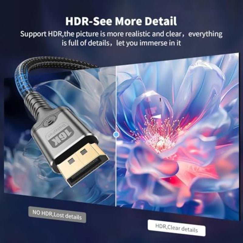 16K DisplayPort Cable 2.1, High Speed 40Gbps Video Transmission 6.6FT Braided Cord for 8K 120Hz 4K 240Hz HDR, Gaming Cable for Monitors, G-Sync/FreeSync Braided Cable, Desktop PC - Image 5