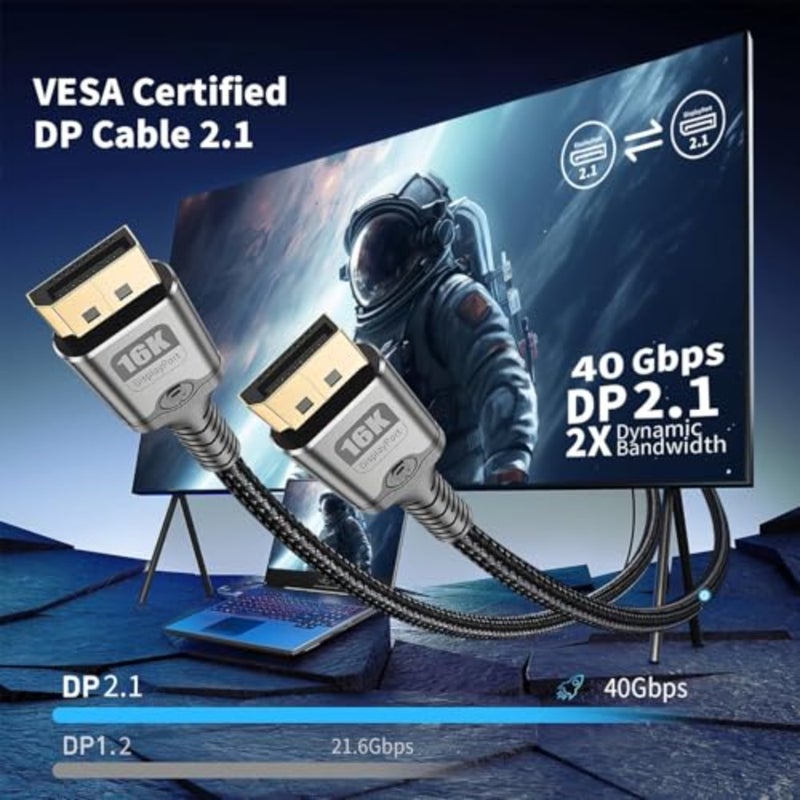 16K DisplayPort Cable 2.1, High Speed 40Gbps Video Transmission 6.6FT Braided Cord for 8K 120Hz 4K 240Hz HDR, Gaming Cable for Monitors, G-Sync/FreeSync Braided Cable, Desktop PC - Image 2