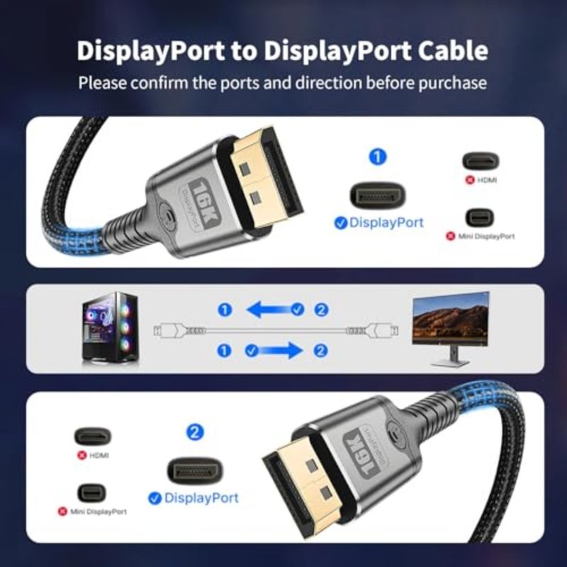 16K DisplayPort Cable 2.1, High Speed 40Gbps Video Transmission 6.6FT Braided Cord for 8K 120Hz 4K 240Hz HDR, Gaming Cable for Monitors, G-Sync/FreeSync Braided Cable, Desktop PC - Image 4