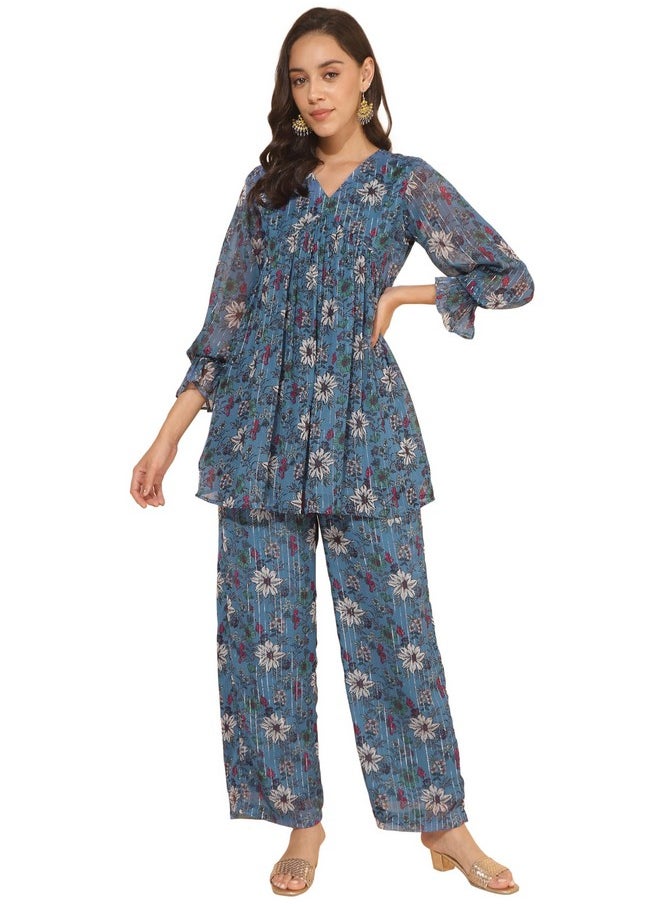 Janasya Women's Blue Chiffon Lurex Floral Printed Co-Ord Set(SET910-CO-ORD-L) - pzsku/ZA7DDAD1658EAC0904257Z/45/_/1736571011/5e787278-2e71-4111-a8b3-66cb95e72a72