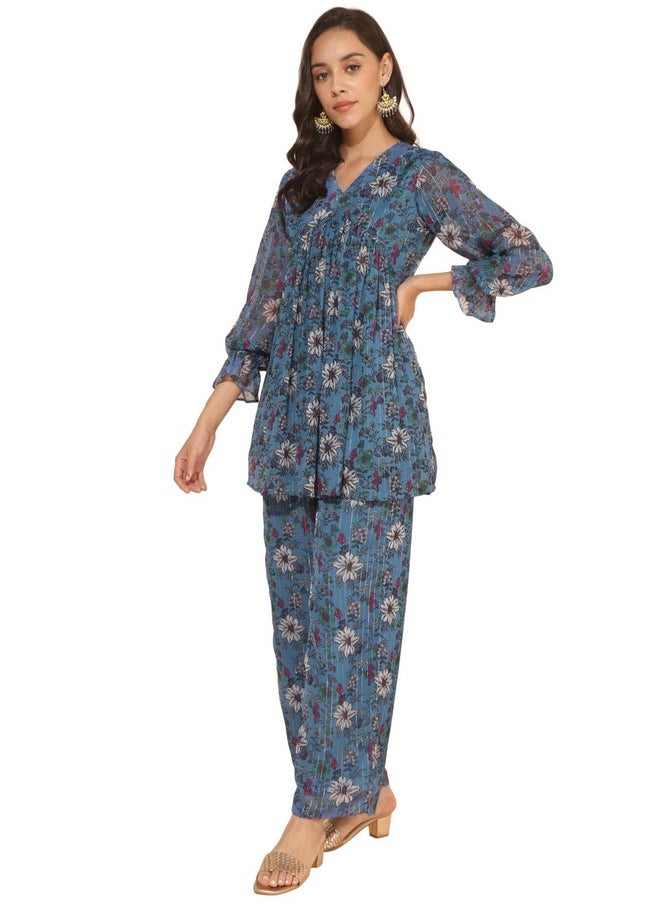 Janasya Women's Blue Chiffon Lurex Floral Printed Co-Ord Set(SET910-CO-ORD-L) - pzsku/ZA7DDAD1658EAC0904257Z/45/_/1736571017/8dec69c0-6403-4601-8b2d-dd8c35124659