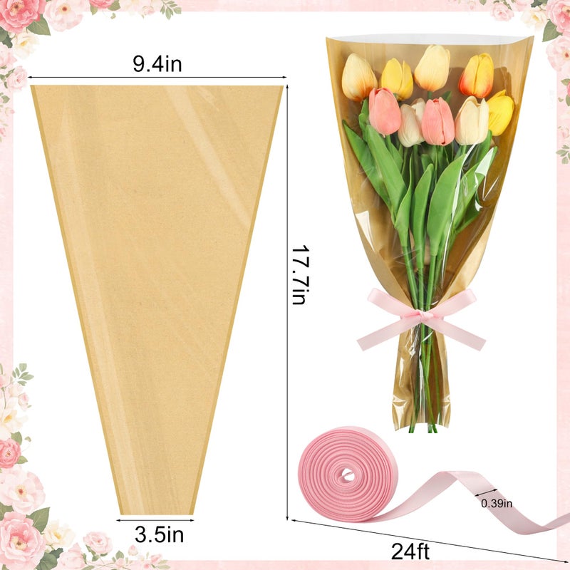 peony man 30 PCS Flower Wrapping Bags for Bouquets 17.7 x 9 Inch Floral Packing Sleeves with Ribbon Kraft Paper Flower Sleeves for Valentines Mother's Day Birthday Wedding Graduation Gift Florist Wrap Supplies - Image 2