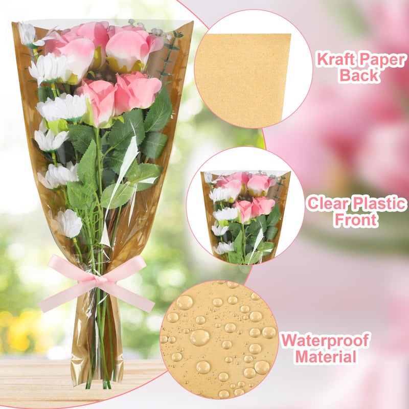 peony man 30 PCS Flower Wrapping Bags for Bouquets 17.7 x 9 Inch Floral Packing Sleeves with Ribbon Kraft Paper Flower Sleeves for Valentines Mother's Day Birthday Wedding Graduation Gift Florist Wrap Supplies - Image 3