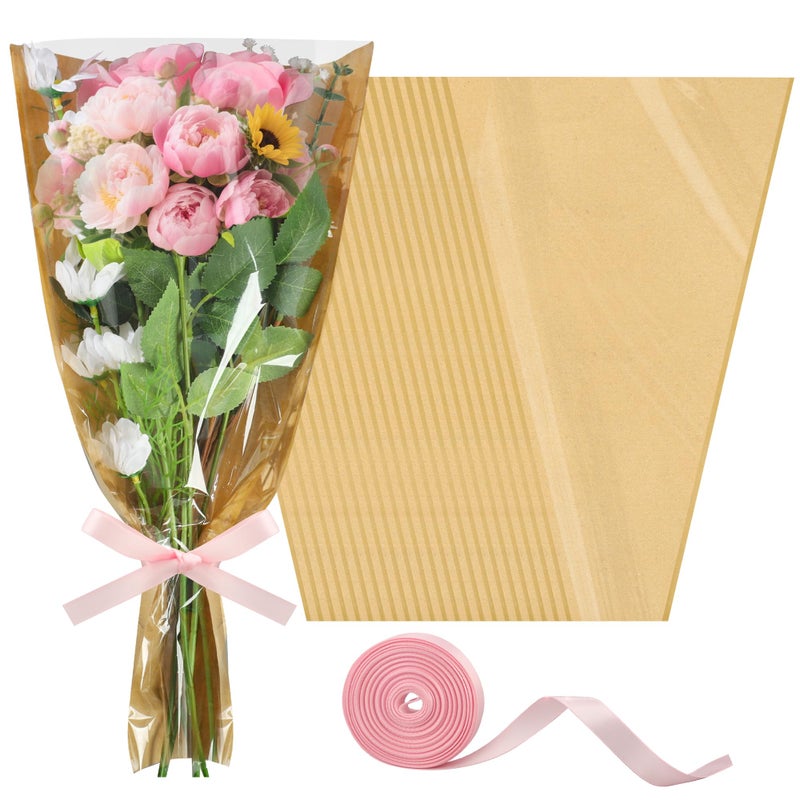 peony man 30 PCS Flower Wrapping Bags for Bouquets 17.7 x 9 Inch Floral Packing Sleeves with Ribbon Kraft Paper Flower Sleeves for Valentines Mother's Day Birthday Wedding Graduation Gift Florist Wrap Supplies - Image 1