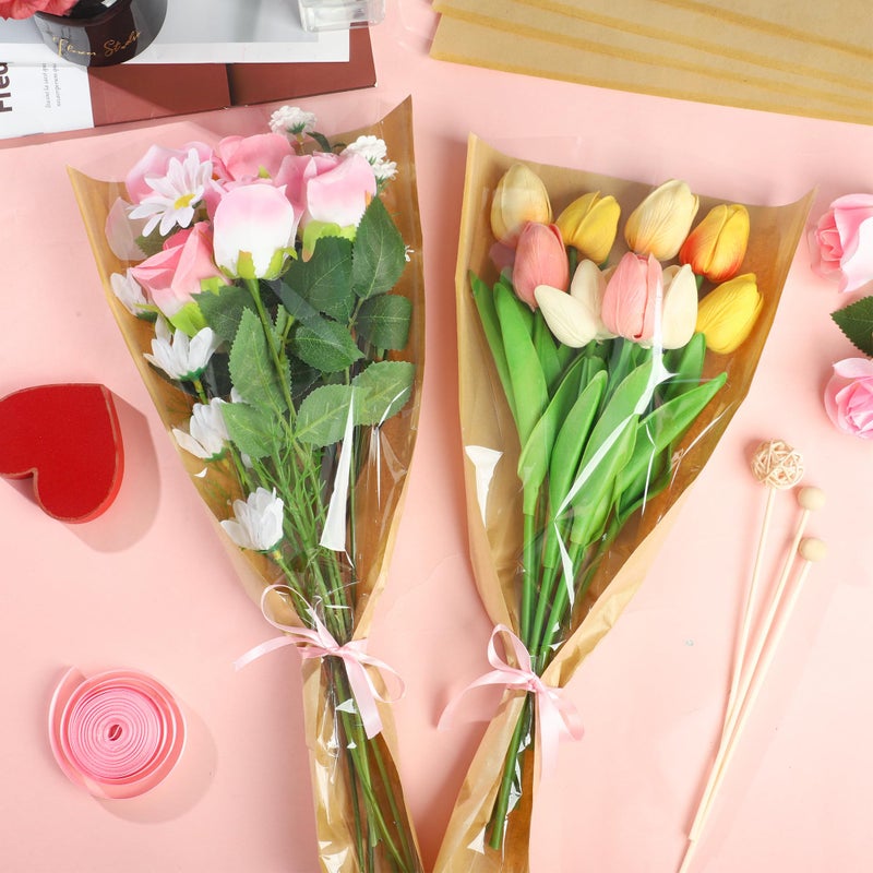 peony man 30 PCS Flower Wrapping Bags for Bouquets 17.7 x 9 Inch Floral Packing Sleeves with Ribbon Kraft Paper Flower Sleeves for Valentines Mother's Day Birthday Wedding Graduation Gift Florist Wrap Supplies - Image 4