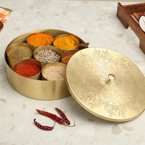 dudki Handcrafted Pure Brass Spice Box for kitchen Masala Dabba with 7 Detachable container, 100 ML Each | With A Small Brass Spoon (Flower) - Image 1