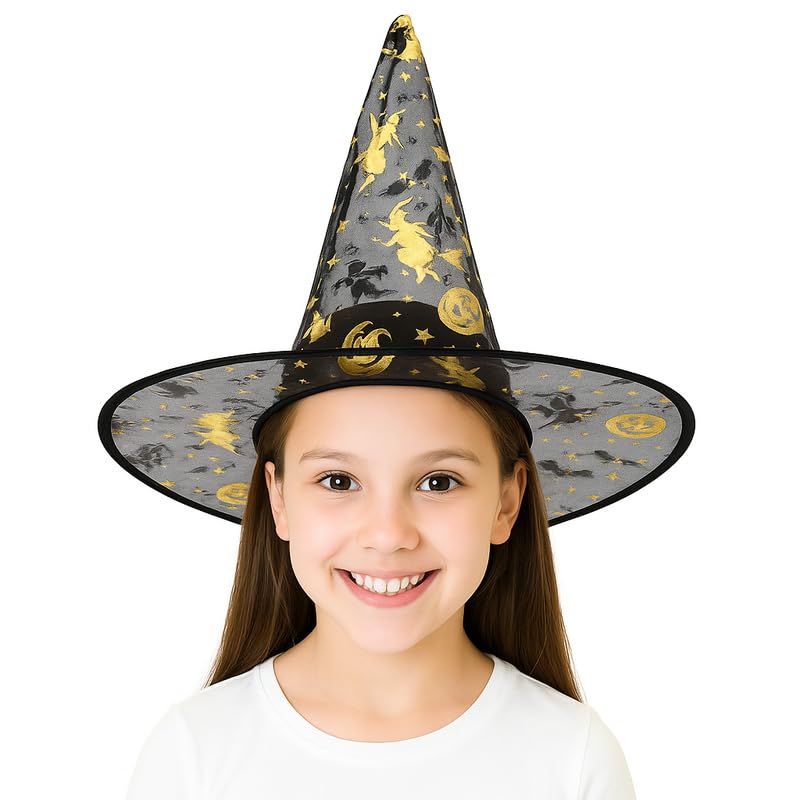 YUPPIN Black Witch Hat with Golden Print – Kids & Adults Halloween Costume Accessory for Fancy Dress, Cosplay & Party Themes - Image 1