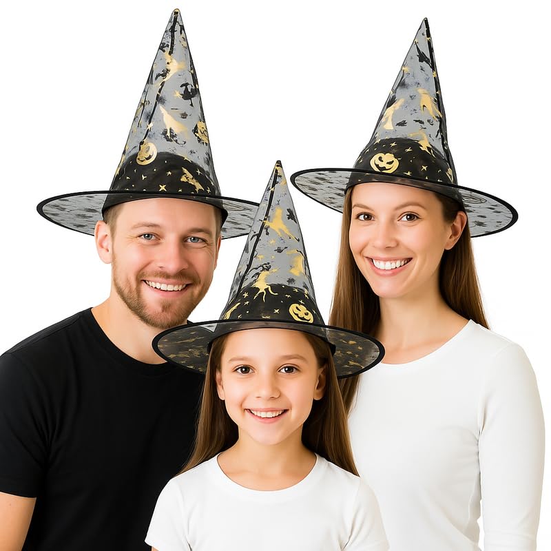 YUPPIN Black Witch Hat with Golden Print – Kids & Adults Halloween Costume Accessory for Fancy Dress, Cosplay & Party Themes - Image 4