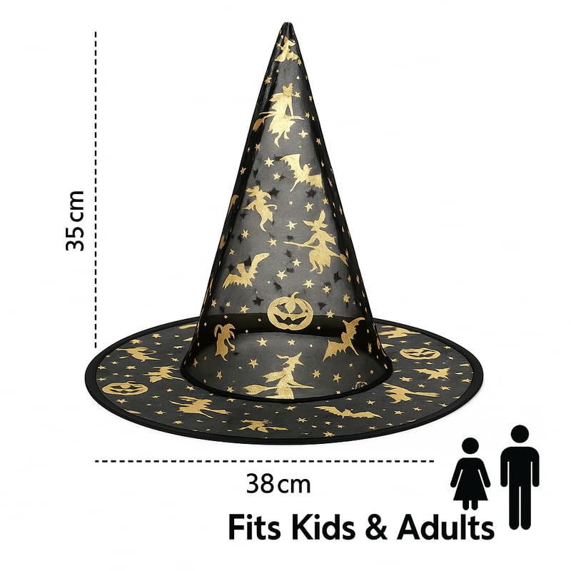 YUPPIN Black Witch Hat with Golden Print – Kids & Adults Halloween Costume Accessory for Fancy Dress, Cosplay & Party Themes - Image 2