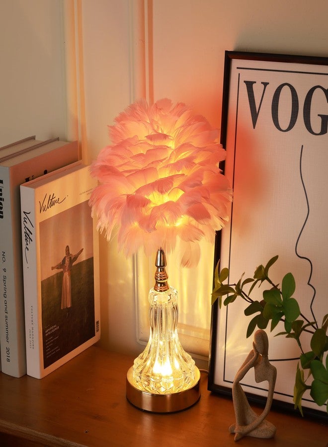 HOME ELEMENTS Modern Feather Table Lamp, Night Lamp for Bedroom Living Room Decor Home Decor Warm Light Classic Bedside Desk Lamp, Study Lamps, with 2 Way LED (No Bulb Required) (Pink) - Image 1