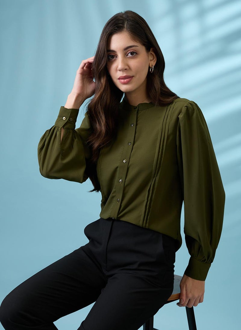 Globus Women Green Pleated Mandarin Collar Cuffed Sleeves Workwear Shirt - Image 3