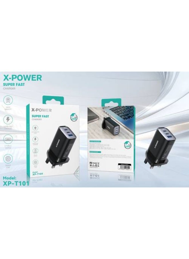 X-POWER XP-T101 | شاحن ذكي فائق السرعة بقوة 65 واط مع منفذي USB-A وType-C