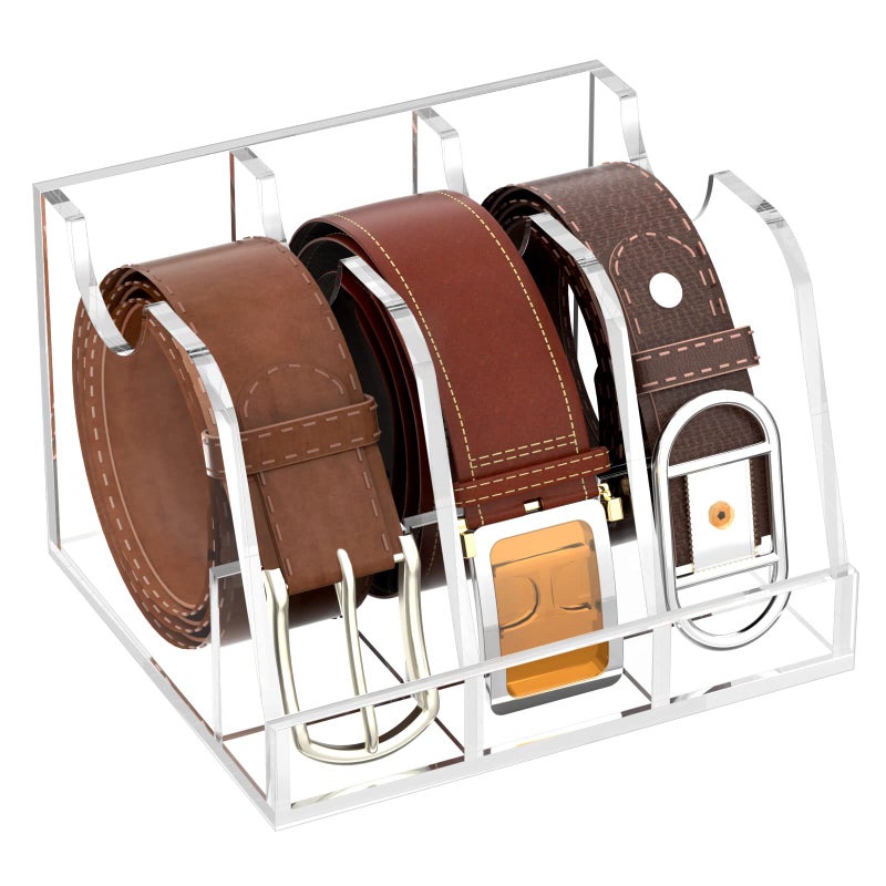 BEST MEDIA Acrylic Belt Organizer, Clear Belt Storage Holder with 3 Compartments and Display Stand, Perfect for Closet, Drawer and Dresser Organization, Elegant Storage Solution for Belts, Clear