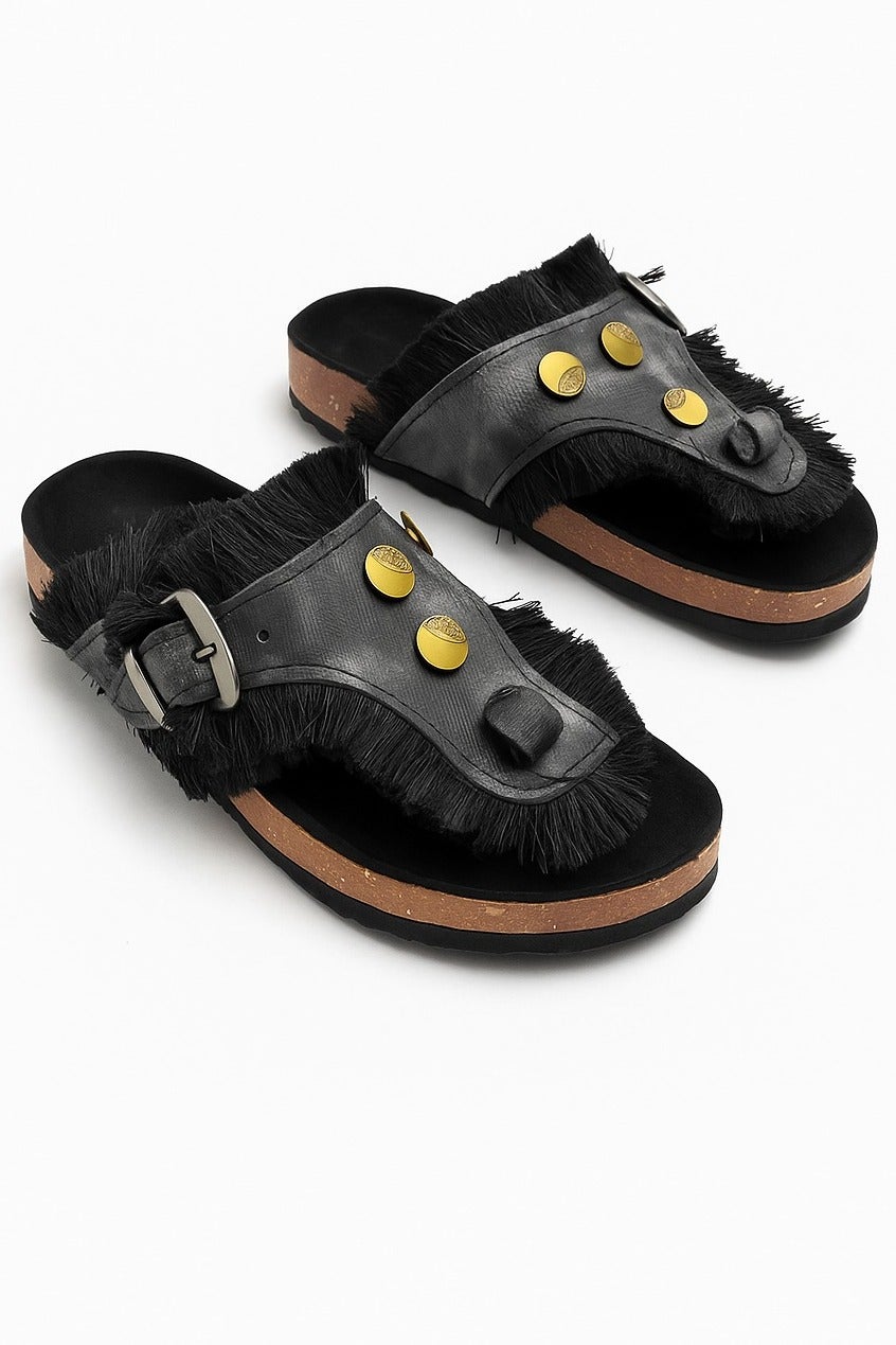 Bold Fringed Buckle Slipper SF-70-BLACK