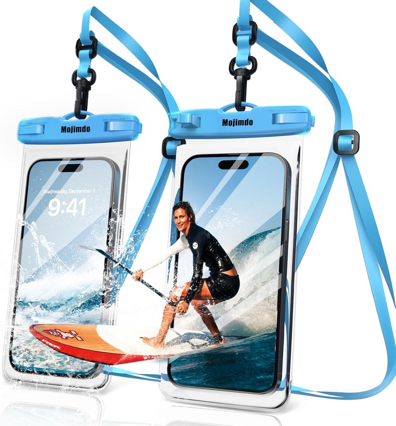 Mojimdo Waterproof Phone Pouch 8'', IPX8 Cell Phone Waterproof Pouch with Lanyard for iPhone 15 14 13 12 11 Pro Max XR XS 8 7 Plus Samsung Galaxy, Cellphone Dry Bag for Beach - 2 Pack, Blue - Image 1