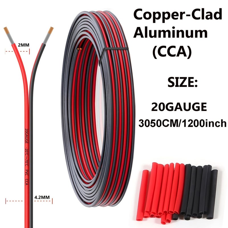 20 Gauge 20AWG Electrical Wire 2 Conductor Red Black Copper Clad Aluminum Hookup Cable 1200 Inch for LED Lighting Strip Extension 12V 24V DC With Heat Shrink Tubing - Image 4