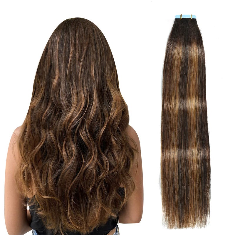 SUYYA Tape in Hair Extensions Human Hair Balayage Darkest Brown to Light Brown 12 Inch 40gpack 20pcs Straight Seamless Skin Weft Tape in Real Human Hair Extensions12inch P28T2