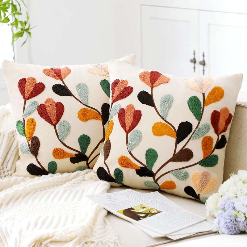 FuWeave 2 Pcs Boho Floral Embroidered Decorative Throw Pillow Covers with Zipper 18 x 18 Inch Colorful Boho Embroidered Pillow Covers Aesthetic Decor for Couch Sofa Housewarming Gifts - Image 1