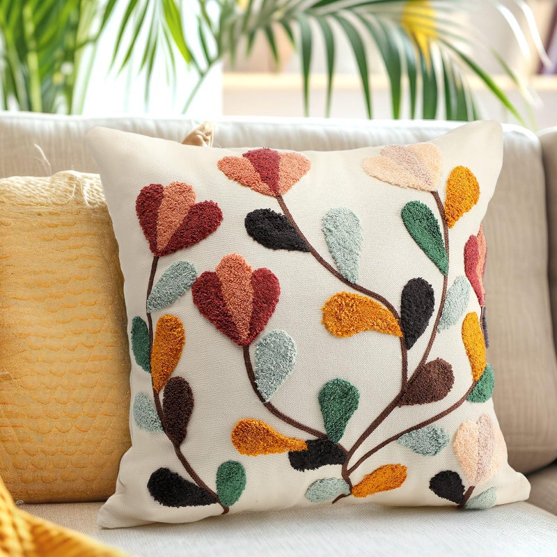 FuWeave 2 Pcs Boho Floral Embroidered Decorative Throw Pillow Covers with Zipper 18 x 18 Inch Colorful Boho Embroidered Pillow Covers Aesthetic Decor for Couch Sofa Housewarming Gifts - Image 3