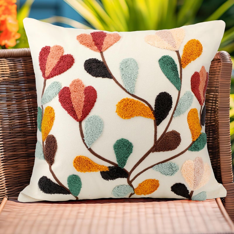 FuWeave 2 Pcs Boho Floral Embroidered Decorative Throw Pillow Covers with Zipper 18 x 18 Inch Colorful Boho Embroidered Pillow Covers Aesthetic Decor for Couch Sofa Housewarming Gifts - Image 5