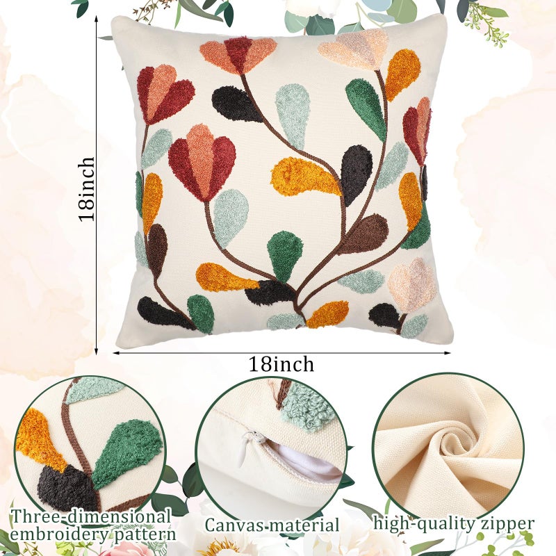 FuWeave 2 Pcs Boho Floral Embroidered Decorative Throw Pillow Covers with Zipper 18 x 18 Inch Colorful Boho Embroidered Pillow Covers Aesthetic Decor for Couch Sofa Housewarming Gifts - Image 2