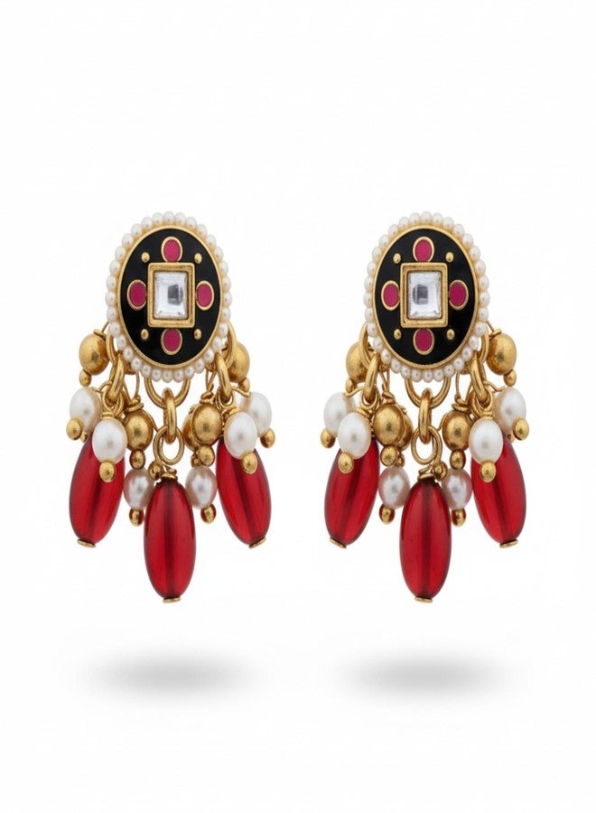 SANJOYA BY EVERSTYLISH Rudraraga Melody Of Red Intricate Kundan Earrings With Ruby Beads And Golden Details Lightweight Jewelry For Women | Party, Festive, Wedding & Gifting - Image 1
