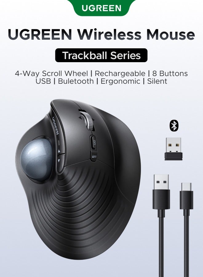 يو جرين ماوس  عمودي لاسلكي بتقنية Trackball مع بلوتوث 5.4 و2.4G قابل للشحن – ماوس مريح متعدد الأجهزة مع 9 أزرار و5 مستويات DPI للعمل المكتبي واللابتوب وMac والعمل عن بُعد أسود - Image 1