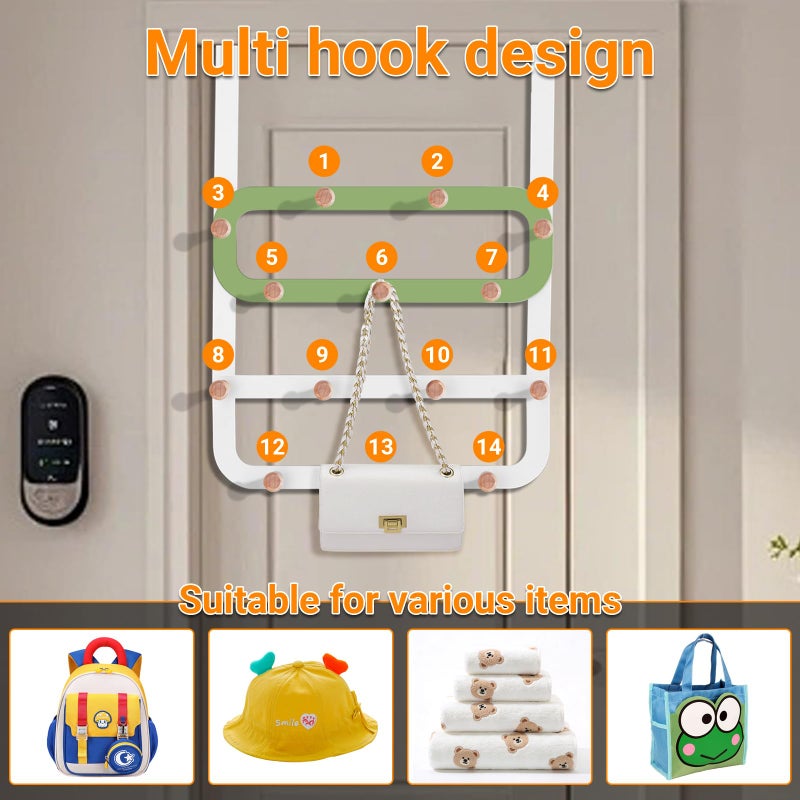 Dycoony Over The Door Hooks for Kids Backpacks - 21.5" Extra Long Door Hanger Low Reach, 14 Wooden Ball Coat Rack for Nursery Bedroom Bathroom, White & Green Purse Bag Towel Holder Organizer - Image 5