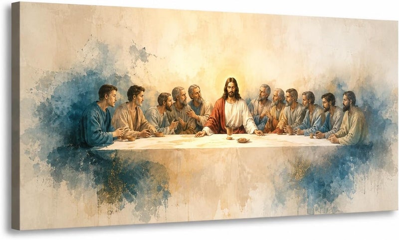 ARS The Last Supper Canvas Wall Art, Jesus Christ and 12 Apostles Watercolor Painting Print, Large Panoramic Christian Religious Framed Picture for Dining Room, Living Room Home Decor - Image 1