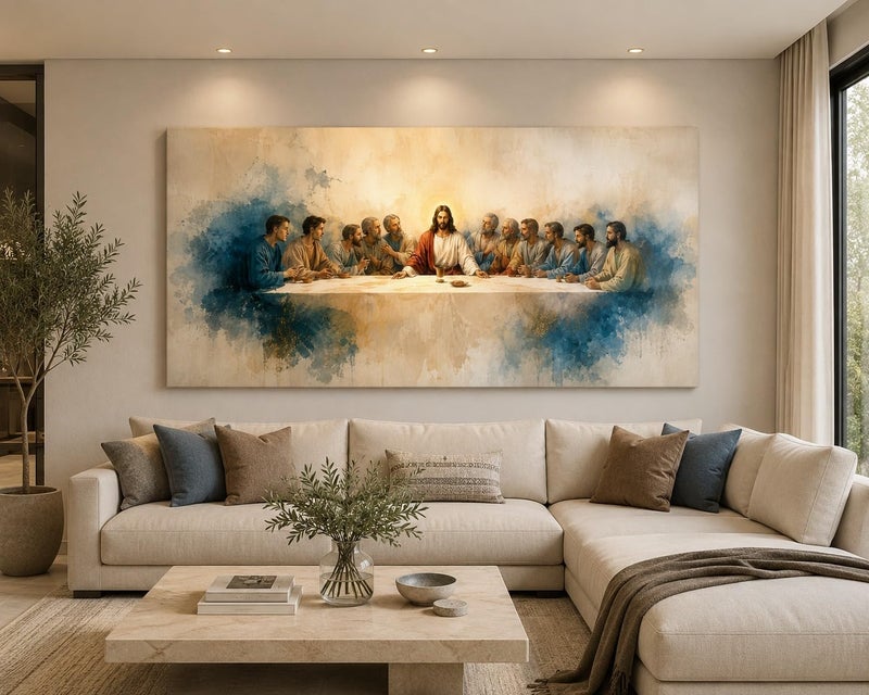 ARS The Last Supper Canvas Wall Art, Jesus Christ and 12 Apostles Watercolor Painting Print, Large Panoramic Christian Religious Framed Picture for Dining Room, Living Room Home Decor - Image 2