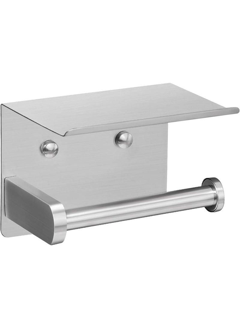 Self Adhesive Toilet Paper Holder with Phone Shelf SUS304 Stainless Steel Wall Mounted Toilet Paper Roll Holder - Rustproof and Bathroom Washroom Tissue Roll Holder with Storage Shelf - Silver - Image 1