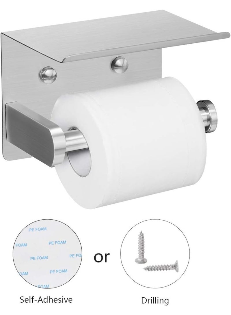 Self Adhesive Toilet Paper Holder with Phone Shelf SUS304 Stainless Steel Wall Mounted Toilet Paper Roll Holder - Rustproof and Bathroom Washroom Tissue Roll Holder with Storage Shelf - Silver - Image 2