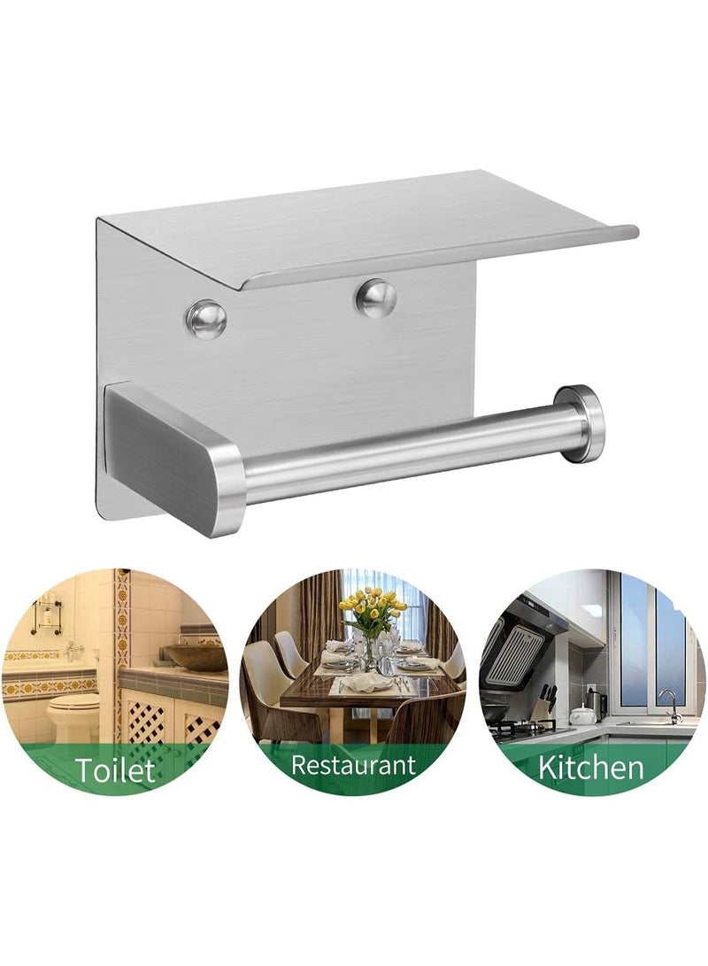 Self Adhesive Toilet Paper Holder with Phone Shelf SUS304 Stainless Steel Wall Mounted Toilet Paper Roll Holder - Rustproof and Bathroom Washroom Tissue Roll Holder with Storage Shelf - Silver - Image 5