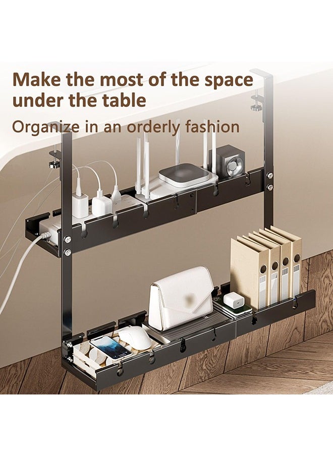 XiuWoo - Double-Layer Adjustable Cable Management Tray – No-Drill Under Desk Cord Organizer, Expandable from 12.5" to 21.6", Retractable Power Strip Holder for Wire Management - Image 1
