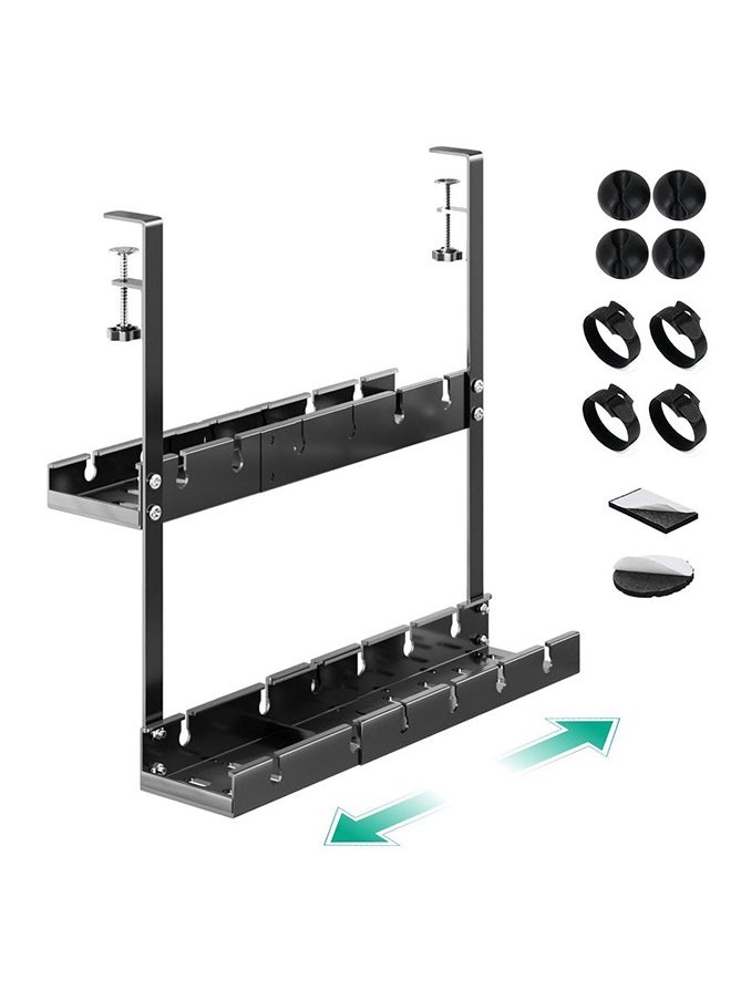 XiuWoo - Double-Layer Adjustable Cable Management Tray – No-Drill Under Desk Cord Organizer, Expandable from 12.5" to 21.6", Retractable Power Strip Holder for Wire Management - Image 1