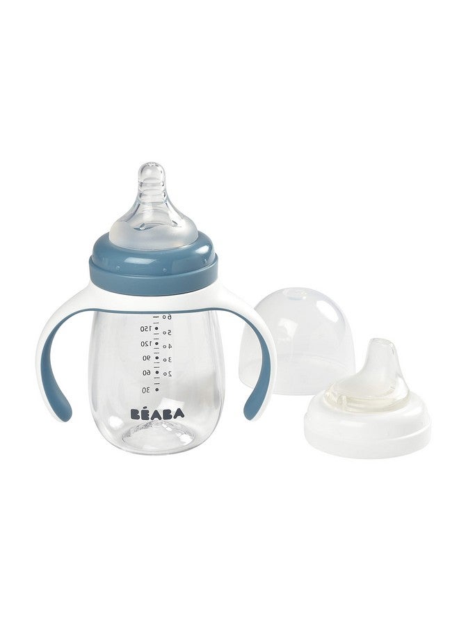 BEABA زجاجة رضّع 2 في 1 إلى كوب تدريب، كوب تعليمي، حلمة زجاجة رضّع وفتحة شرب سيليكون ناعمة، مقاومة للتسرب، للرضع، الأطفال الصغار 7 أونصات (مطر) - Image 1