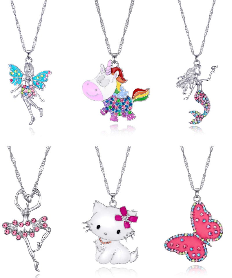 SYNLIN 6 Pcs Cute Pastel Crystal Necklaces for Teens - Adorable Unicorn, Fairy, Butterfly and Cat Necklaces for Women - Image 1