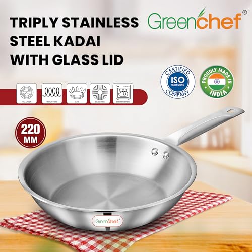 GREENCHEF SS Tri ply Steel Crest - Deep Frypan 22 cm, Stainless Steel Exterior Surface, Ergonomic Handles, Induction Compatible, Scratch Resistant, 5Year Warranty - Image 2