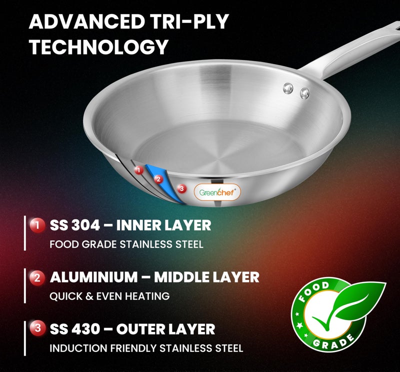 GREENCHEF SS Tri ply Steel Crest - Deep Frypan 22 cm, Stainless Steel Exterior Surface, Ergonomic Handles, Induction Compatible, Scratch Resistant, 5Year Warranty - Image 3