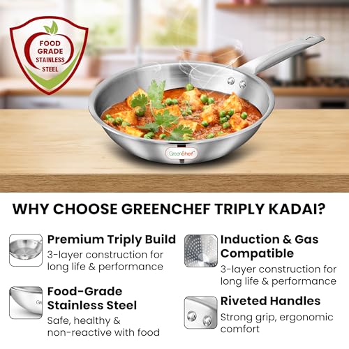 GREENCHEF SS Tri ply Steel Crest - Deep Frypan 22 cm, Stainless Steel Exterior Surface, Ergonomic Handles, Induction Compatible, Scratch Resistant, 5Year Warranty - Image 5