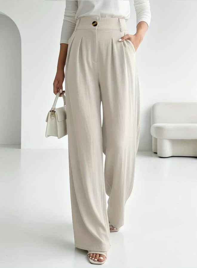 Take Two Beige Solid Pleated Wide-Leg Palazzo Pants
