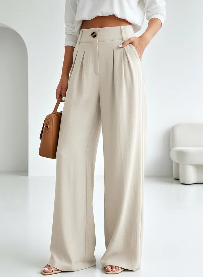Take Two Beige Solid Pleated Wide-Leg Palazzo Pants