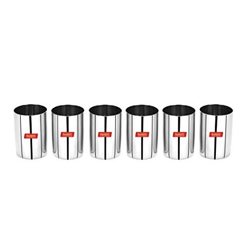 Sumeet Stainless Steel Mirror Finish Circle Shape Heavy Gauge Glass Set of 6 Pcs - 6.5cm Dia - (300ml Each), Silver - Image 1