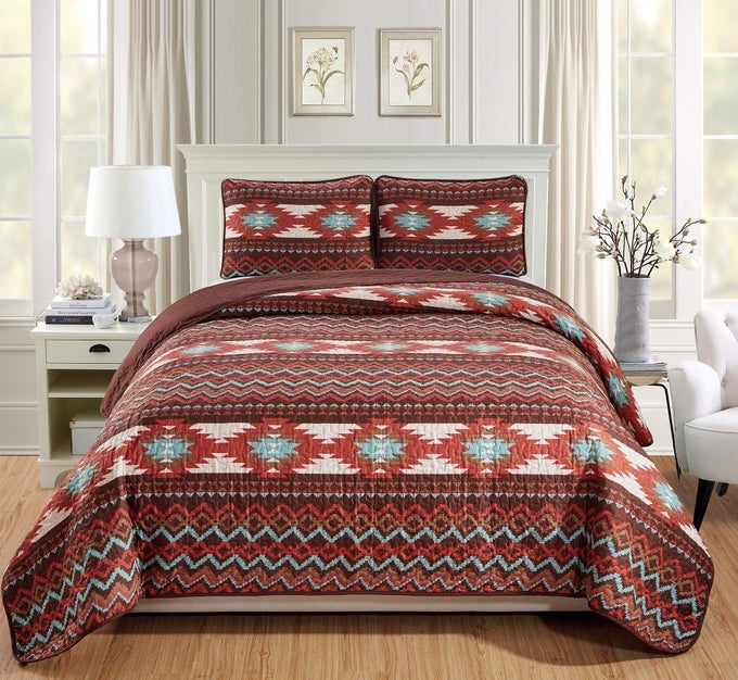 RUSTIC SOUTHWESTERN QUILT STITCHED WESTERN BEDSPREAD BEDDING SET WITH TRIBAL NATIVE AMERICAN PATTERNS UTAH BROWN TWIN