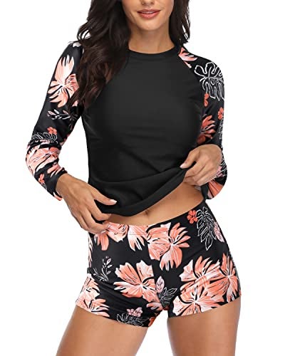 Daci Women Black Pink Flower Two Piece Rash Guard Long Sleeve Swimsuits UV UPF 50 Swim Shirt Bathing Suit with Boyshort Bottom M - Image 1